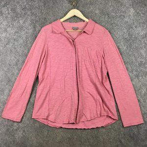 J Jill Top XL Pink Slub Knit Long Sleeve Hidden Button Solid Collared Abalone
